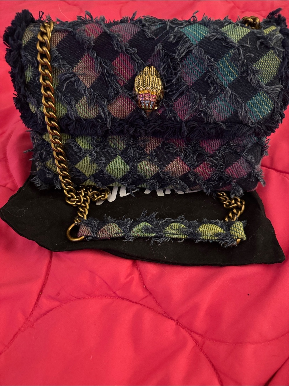 Kurt Geiger Fringed Multi-Tone denim Chain Crossbody Bag - Picture 4 of 11
